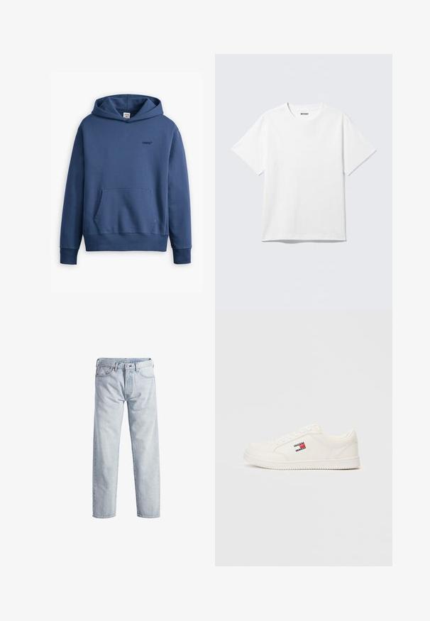 Marineblauwe hoodie van een katoenmix. Voorzien van een voorzak, ribgebreide manchetten en een klein logo op de borst.; Witte T-shirt met korte mouwen en ronde hals, plat gelegd, effen ontwerp, met een "WEEKDAY" label in de kraag op een lichte achtergrond.; Lichtblauwe denim jeans met een rechtstaand ontwerp, knopenfly, vijf zakken en een subtiele vervaagde textuur. Voorzien van metalen hardware accenten.; Witte sneaker van glad leer met een laag ontwerp. Kenmerkt zich door een logo-opdruk in rood, wit en blauw op de zijkant en een getextureerde rubberen zool.