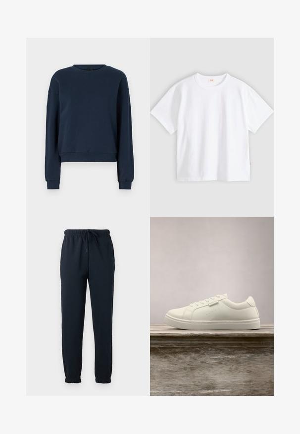 Navyblauwe sweatshirt van zacht materiaal, met een ronde hals, lange mouwen en geribbelde manchetten en zoom. Eenvoudig ontwerp zonder versieringen.; Wit katoenen t-shirt met korte mouwen, ronde hals, losse pasvorm, gladde textuur en een klein logolabel aan de linker zijnnaad.; Zwarte joggingbroek met elastische tailleband, trekkoord, zijzakken en elastische boorden bij de enkels.; Witte leren sneaker met veters die boven een houten bank zweeft, met groen lang gras dat op de achtergrond vervaagd is in de buitenlucht.