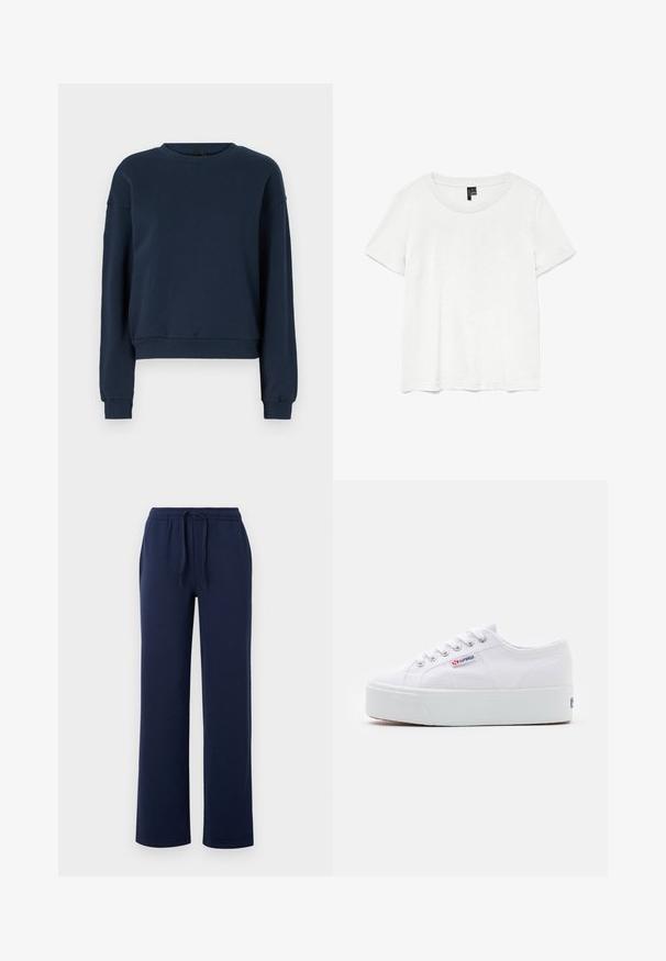 Sweatshirt bleu marine en tissu doux, avec un col rond, des manches longues et des poignets et un ourlet côtelés. Design simple sans embellissements.; T-shirt blanc à manches courtes avec un col rond, fabriqué en tissu léger. Design simple, texture lisse et ourlet droit.; Pantalons de survêtement bleu marine en coton doux, dotés d'une taille élastique avec cordon de serrage, de poches latérales et d'un design à jambe droite.; Baskets en toile blanches avec une épaisse semelle plateforme blanche, bout rond et œillets en métal pour les lacets. Logo de la marque affiché sur le côté.