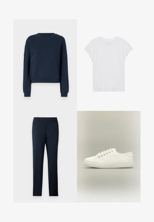 Navyblauwe sweatshirt van zacht materiaal, met een ronde hals, lange mouwen en geribbelde manchetten en zoom. Eenvoudig ontwerp zonder versieringen.; Witte t-shirt met korte mouwen, ronde hals, relaxte pasvorm, gemaakt van zacht katoen. Glad textuur, geen patronen of logo's.; Marineblauwe broek gemaakt van een zachte, rekbare stof. Heeft een platte voorkant, riemlussen en een slank, taps toelopend ontwerp.; Witte lage sneaker met witte veters en rubberen zool, zijaanzicht op een neutrale achtergrond.