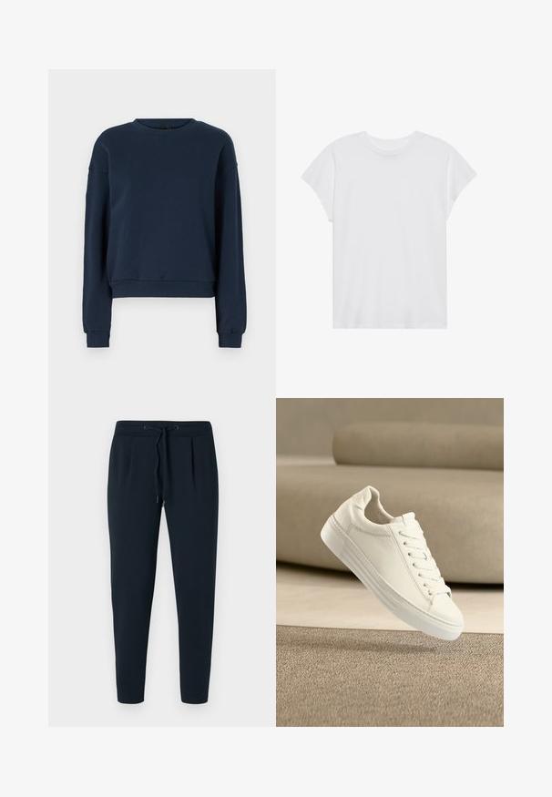 Sudadera azul marino hecha de una tela suave, con cuello redondo, mangas largas y puños y dobladillo de canalé. Diseño simple sin adornos.; Camiseta blanca de manga corta con cuello redondo, corte relajado, hecha de suave tela de algodón. Textura lisa, sin estampados ni logotipos.; Pantalones de chándal azul marino hechos de tela suave. Cuentan con una cinturilla elástica con cordón, dos pliegues frontales y piernas ajustadas.; Zapatilla blanca de cuero con cordones flotando sobre una alfombra beige texturizada, con un sofá beige en el fondo desenfocado.