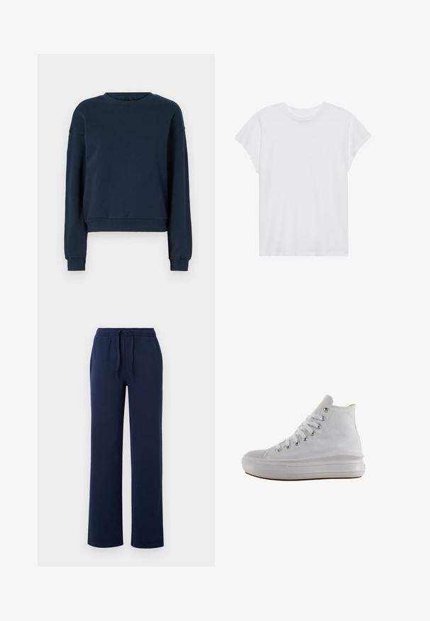 Navyblauwe sweatshirt van zacht materiaal, met een ronde hals, lange mouwen en geribbelde manchetten en zoom. Eenvoudig ontwerp zonder versieringen.; Witte t-shirt met korte mouwen, ronde hals, relaxte pasvorm, gemaakt van zacht katoen. Glad textuur, geen patronen of logo's.; Navyblauwe sweatpants van zachte katoen, met een elastische tailleband met een trekkoord, zijzakken en een recht gesneden ontwerp.; Witte hoge canvas sneaker met witte veters, metalen oogjes, dikke rubberen zool en gestructureerde neuskap, naar links gericht op een witte achtergrond.