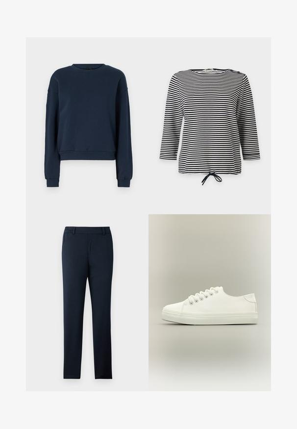 Navyblauwe sweatshirt van zacht materiaal, met een ronde hals, lange mouwen en geribbelde manchetten en zoom. Eenvoudig ontwerp zonder versieringen.; Gestreept zwart-wit topje met driekwartmouwen en een trekkoord onderaan, gemaakt van zachte stof met een casual pasvorm.; Marineblauwe broek gemaakt van een zachte, rekbare stof. Heeft een platte voorkant, riemlussen en een slank, taps toelopend ontwerp.; Witte lage sneaker met witte veters en rubberen zool, zijaanzicht op een neutrale achtergrond.