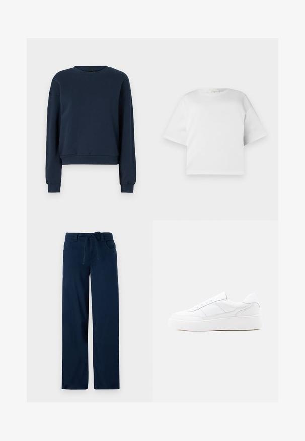 Marineblå sweatshirt lavet af blødt stof, med rund halsudskæring, lange ærmer og ribbede manchetter og kant. Simple design uden pynt.; Hvid cropped t-shirt lavet af glat bomuld, med rund hals og korte, brede ærmer. Enkel, ren design uden synlige mønstre.; Mørkeblå bredbenede bukser lavet af en bomuldsblanding, med en snoretræk i taljen, to forlommer og en glat tekstur.; Hvid lavtop-sneaker med tyk sål, snørelukning og diskrete syningsdetaljer på en ensfarvet lys baggrund.