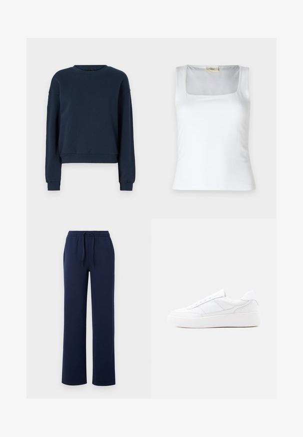 Sweatshirt bleu marine en tissu doux, avec un col rond, des manches longues et des poignets et un ourlet côtelés. Design simple sans embellissements.; Débardeur blanc à encolure carrée fabriqué en tissu lisse. Présente des bretelles larges et une silhouette ajustée. Aucune motif ou ornement visible.; Pantalons de survêtement bleu marine en coton doux, dotés d'une taille élastique avec cordon de serrage, de poches latérales et d'un design à jambe droite.; Baskets basses blanches avec semelle épaisse, design à lacets et détails de couture subtils sur un fond clair uni.