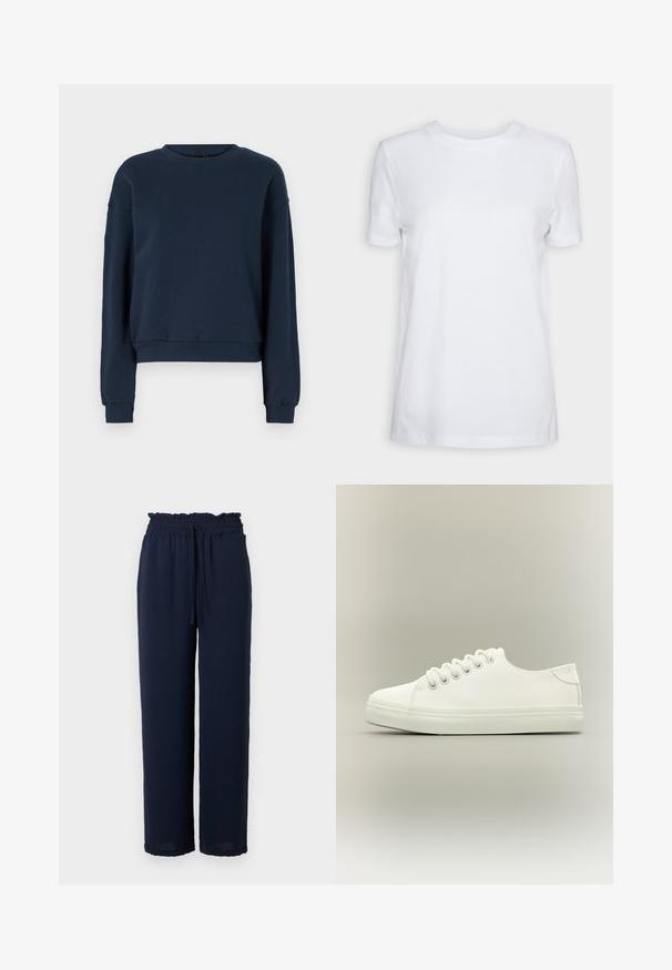 Sweatshirt bleu marine en tissu doux, avec un col rond, des manches longues et des poignets et un ourlet côtelés. Design simple sans embellissements.; T-shirt blanc uni à manches courtes, col rond, coupe régulière, avec une petite étiquette à l’intérieur du col indiquant "SELECTED FEMME."; Pantalons larges bleu marine avec taille papeterie élastiquée et lien de serrage, fabriqués à partir d'un tissu léger et texturé.; Baskets basses blanches avec lacets blancs et semelle en caoutchouc, vues de côté sur un fond neutre.