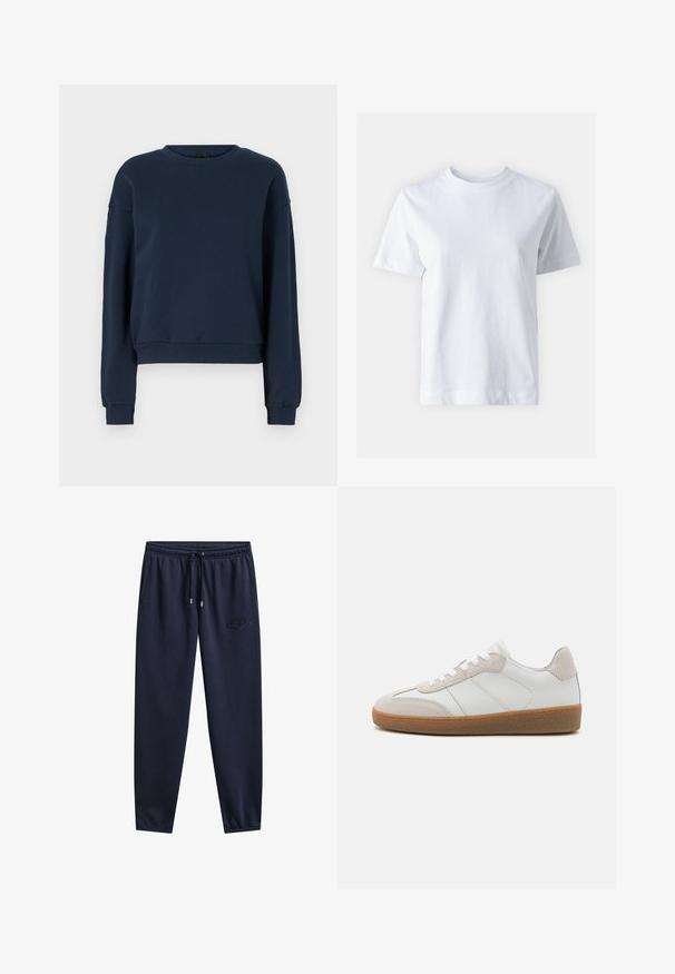Sudadera azul marino hecha de una tela suave, con cuello redondo, mangas largas y puños y dobladillo de canalé. Diseño simple sin adornos.; T-shirt de algodón blanco con cuello redondo, mangas cortas, corte recto y textura suave. Sin patrones ni adornos.; Pantalones deportivos azul marino con cintura elástica, cordón, bolsillos laterales, piernas estrechas y un sutil logo bordado en el muslo derecho.; Deportivas de cuero blanco con acentos de ante beige, lengua texturizada y suela de goma. Presenta cordones blancos y detalles sutiles de costura.