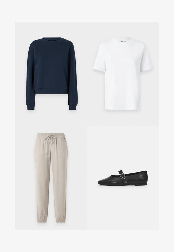 Navyblauwe sweatshirt van zacht materiaal, met een ronde hals, lange mouwen en geribbelde manchetten en zoom. Eenvoudig ontwerp zonder versieringen.; Witte katoenen T-shirt met ronde hals, korte mouwen en een gladde textuur. Ontworpen met een comfortabele en veelzijdige relaxte pasvorm.; Lichtbeige joggerbroeken van zachte stof, met een elastische taillebandsluiting en een trekkoord, zijzakken en elastische boorden.; Zwarte leren platte schoen met een ronde neus, een enkele verstelbare gespsluiting en een gladde, glanzende textuur. Minimalistisch ontwerp met een lage hak.
