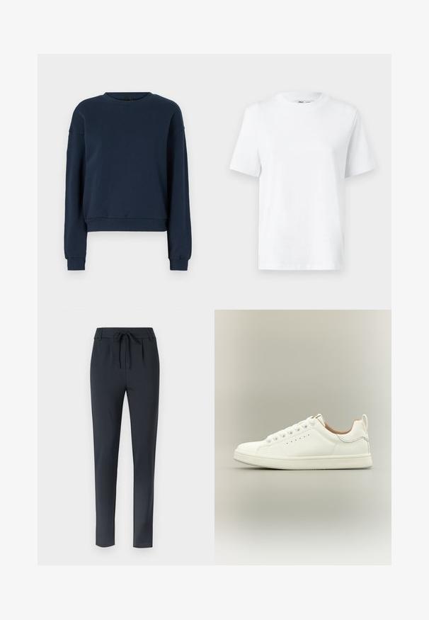 Marineblaue Sweatshirt aus weichem Material, mit rundem Ausschnitt, langen Ärmeln und gerippten Bündchen und Saum. Einfaches Design ohne Verzierungen.; Weißes Baumwoll-T-Shirt mit Rundhalsausschnitt, kurzärmlig und mit glatter Textur. Entworfen mit einer lockeren Passform für Komfort und Vielseitigkeit.; Dunkelblaue Slim-Fit-Hosen mit einem verstellbaren Bund, aus einem weichen, dehnbaren Stoff gefertigt. Sie verfügen über eine flache Vorderseite und ein tailliertes Bein.; Weißer Sneaker mit niedrigem Schaft, Schnürsenkeln, perforierten Seitendetails und einem Zuglasche an der Ferse, vor neutralem Hintergrund.