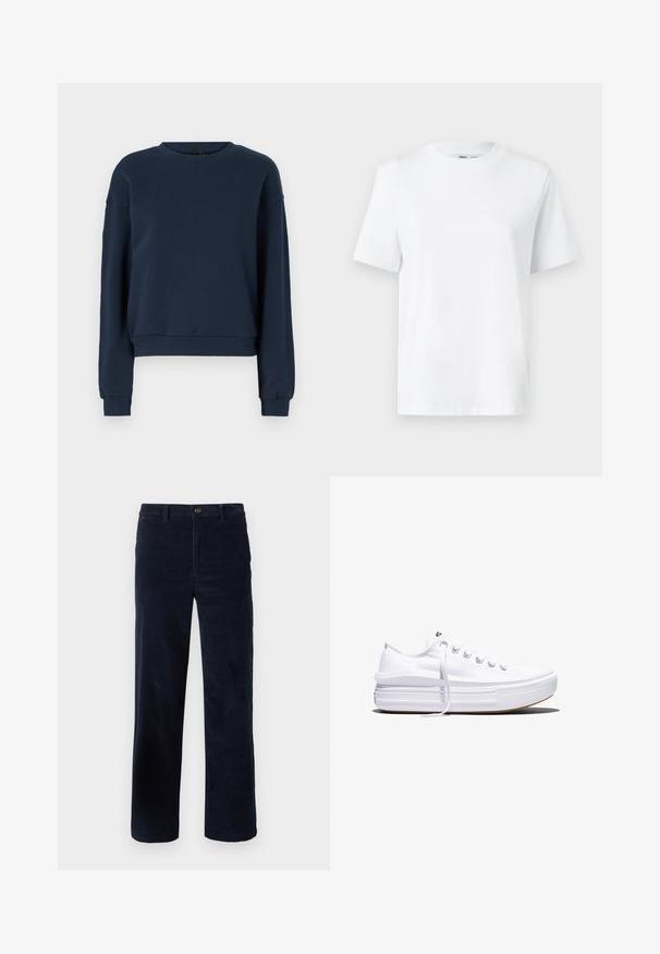 Sudadera azul marino hecha de una tela suave, con cuello redondo, mangas largas y puños y dobladillo de canalé. Diseño simple sin adornos.; Camiseta de algodón blanca de cuello redondo con mangas cortas y una textura suave. Diseñada con un ajuste relajado para mayor comodidad y versatilidad.; Pantalones de pana azul marino con piernas rectas, que cuentan con un cierre de botón y un tejido texturizado. Sin patrones o acentos visibles.; Zapatilla blanca de lona de perfil bajo con suela gruesa de plataforma, cierre de cordones en el frente y puntera de goma texturizada, mostrada de perfil.