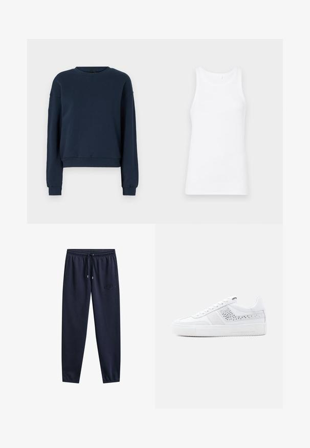 Sudadera azul marino hecha de una tela suave, con cuello redondo, mangas largas y puños y dobladillo de canalé. Diseño simple sin adornos.; Top sin mangas de algodón blanco con un escote redondo y tirantes anchos. La tela es suave y ajustada, sin patrones ni adornos visibles.; Pantalones deportivos azul marino con cintura elástica, cordón, bolsillos laterales, piernas estrechas y un sutil logo bordado en el muslo derecho.; Zapatilla blanca con parte superior de cuero liso, detalles en ante, detalles de malla y suela de goma texturizada. Incluye cordones planos y marca en el lateral.