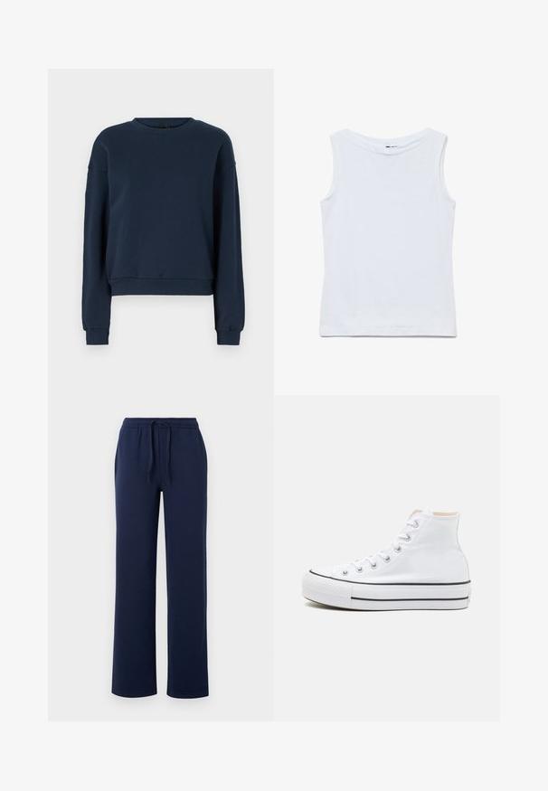 Navyblauwe sweatshirt van zacht materiaal, met een ronde hals, lange mouwen en geribbelde manchetten en zoom. Eenvoudig ontwerp zonder versieringen.; Mouwloze witte katoenen top met een brede ronde hals en rechte zoom, plat uitgestald op een witte achtergrond.; Navyblauwe sweatpants van zachte katoen, met een elastische tailleband met een trekkoord, zijzakken en een recht gesneden ontwerp.; Witte hoge sneakers van canvasmateriaal, zwarte rubberen zool en contrasterende zwarte streep op de tussenzool. Circulaire neus en vetersluiting.