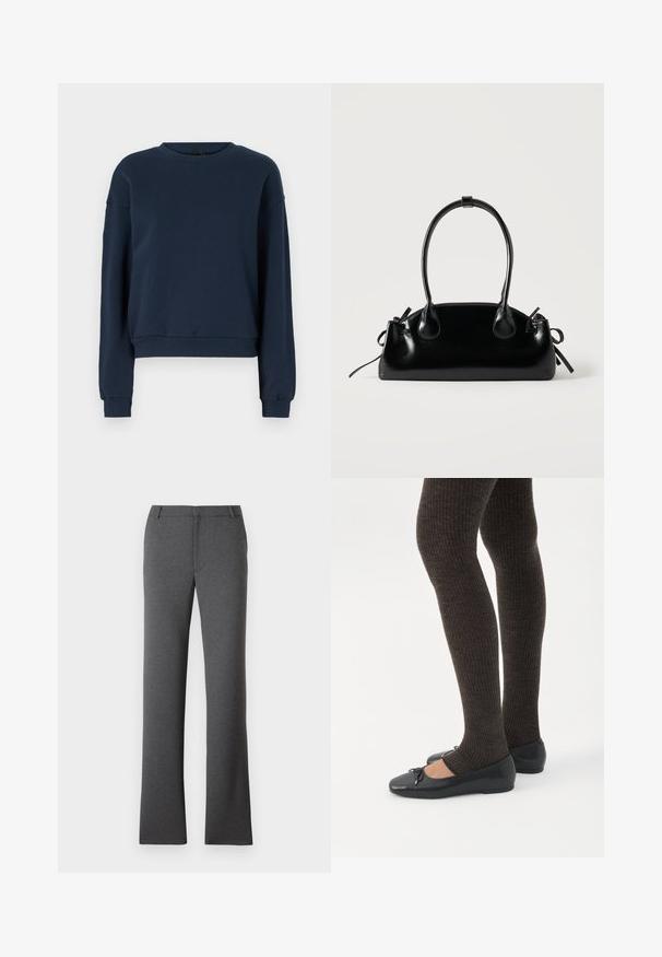 Navyblauwe sweatshirt van zacht materiaal, met een ronde hals, lange mouwen en geribbelde manchetten en zoom. Eenvoudig ontwerp zonder versieringen.; Grijze broek met een rechte pijpdesign. Gemaakt van een gestructureerde stof, met een platte voorkant en riemlussen. Geen zichtbare patronen of hardware.; Benen met donkere geribbelde leggings gecombineerd met zwarte ballerina's met kleine strikdetails op een witte achtergrond.; Kleine zwarte glanzende handtas met twee lange hengsels en zijkant trekkoord details op een effen lichte achtergrond.