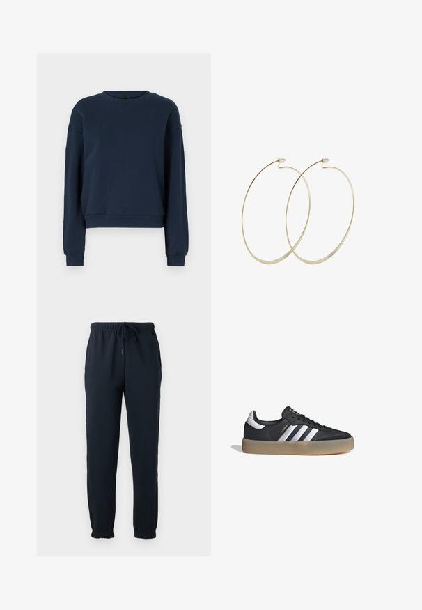 Sudadera azul marino hecha de una tela suave, con cuello redondo, mangas largas y puños y dobladillo de canalé. Diseño simple sin adornos.; Pantalones deportivos negros con cintura elástica, cordón, bolsillos laterales y puños elásticos en los tobillos.; Zapatilla deportiva de cuero negro con tres rayas plateadas, punta texturizada y suela de goma. Cuenta con un collar acolchado y un diseño con cordones.; Pilgrim Pendientes - gold-coloured