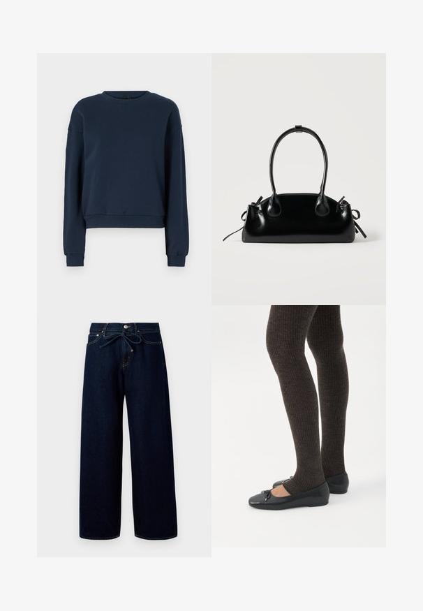 Sweatshirt bleu marine en tissu doux, avec un col rond, des manches longues et des poignets et un ourlet côtelés. Design simple sans embellissements.; Jean large bleu foncé en denim, doté d'une fermeture à bouton à l'avant et d'une taille à cordon, avec des détails de couture contrastants.; Jambes portant des leggings côtelés foncés associés à des ballerines noires avec de petits détails en nœud sur fond blanc.; Petit sac à main noir brillant avec deux longues anses et des détails à cordon sur les côtés sur un fond clair uni.