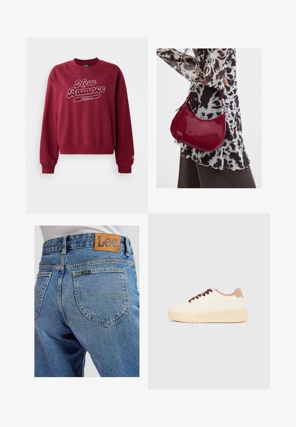 Bordeaux sweatshirt med rund hals, prydet med hvidt "New Balance" logo og "Athletics" tekst. Ribkanter ved ærmer og bund, blødt materiale.; Blå denimbukser med baglommer med gule syninger og et brunt lædermærke med Lee-brand på linningen.; Beige lavt skindesko med tyk sål, perforeret tå, lyserød hælkant og mørkebrune snørebånd på ensfarvet lysegrå baggrund.; Kvinde iført en sort- og hvidmønstret bluse, der holder en blank rød skuldertaske mod en ensfarvet baggrund.