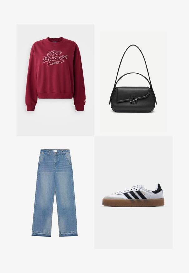 Bordeaux sweatshirt med rund hals, prydet med hvidt "New Balance" logo og "Athletics" tekst. Ribkanter ved ærmer og bund, blødt materiale.; Lyseblå højtaljede wide-leg jeans med knaplukning, frontlommer, bæltestropper og diskret falmet detaljer.; Hvide lædersneakers med sorte striber, gummirubber sål, rund tå, snørelukning og blød grå ruskinds tåhætte.; Sort læderhåndtaske med afrundede kanter, asymmetrisk klap, metalcirkulært spænde samt både korte og lange skulderstropper.