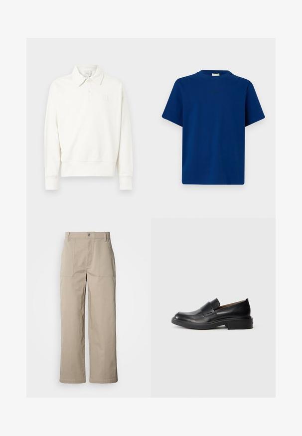 Polo à manches longues blanc avec col, présentant un logo brodé discret sur la poitrine gauche, fabriqué en tissu doux avec une finition légèrement texturée.; T-shirt bleu uni à manches courtes avec col rond et petit logo discret centré sur la poitrine, sur un fond uni.; Pantalon beige à jambes larges en coton ; doté de poches plaquées à l'avant, d'une fermeture à bouton et de coutures visibles le long des ourlets.; Chaussure habillée noire en cuir, à enfiler, avec un petit talon et un logo Calvin Klein discret sur le côté, présentée de profil sur un fond blanc.