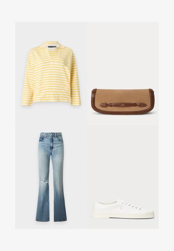 Chemise à rayures horizontales jaunes et blanches à manches longues avec un petit col et une encolure en V.; Jean en denim bleu clair taille haute avec légère décoloration, détail usé au genou gauche et jambes évasées.; Sneaker en toile blanche avec un bout rond, fermeture lacée et un détail de logo discret. Caractéristiques d'un tissu texturé et d'une semelle en caoutchouc.; Pochette en tissu beige avec garniture et poignée en cuir marron embossées du logo Polo by Ralph Lauren.