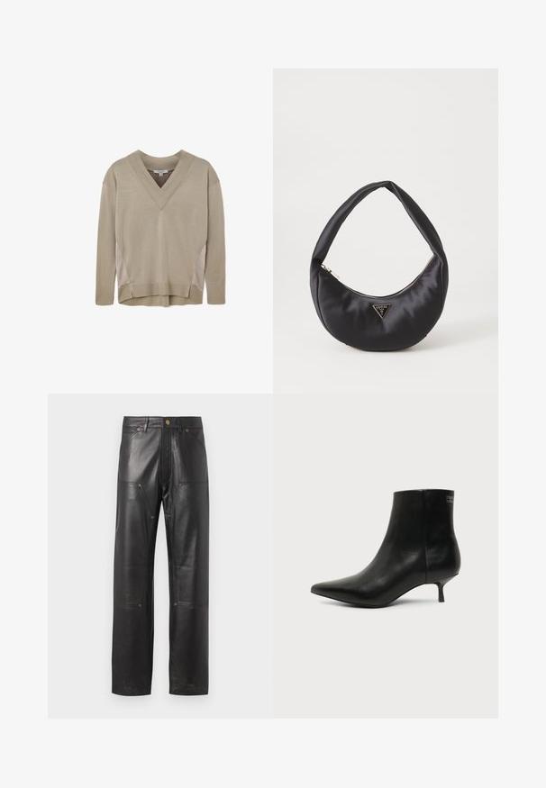 Pull en V beige à manches longues avec des poignets et un ourlet côtelés, mettant en avant des accents de panneaux latéraux et un léger détail d'ourlet asymétrique.; Pantalons en cuir noir à coupe droite, avec des coutures marquées, quatre poches et des détails en métal couleur cuivrée. Texture lisse.; Bottine en cuir noir avec bout pointu et petit talon kitten sur fond clair, vue côté extérieur.; Sac à main en satin noir avec une forme courbée, doté d'une fermeture à glissière et d'un logo triangulaire en métal à l'avant. Texture lisse et design épuré.