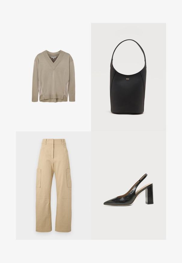 Suéter beige de manga larga y cuello en V con puños y dobladillo acanalados, que presenta detalles de paneles laterales y un ligero dobladillo asimétrico.; Pantalones cargo beige de algodón, con una cintura alta, perneras anchas, dos bolsillos laterales y dos grandes bolsillos cargo en los muslos.; Zapato slingback de piel negra con puntera puntiaguda, tacón alto y ancho, y forro interior beige sobre un fondo claro y liso.; Bolso de cuero negro tipo saco con una sola correa para el hombro y pequeño logo dorado de BOSS centrado cerca de la parte superior frontal.