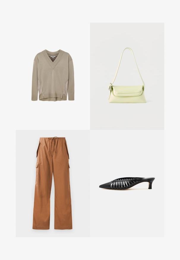 Beige langærmet V-hals sweater med ribbede manchetter og kant, med sideliner og let høj-lav kantdetalje.; Brune bred-bens cargo bukser lavet af letvægtsstof, med en elastisk talje med snøre og sidelommer.; Sort læder mule med spids snude, stropdetalje og lav kittenhælk på hvid baggrund.; Lysegrøn læderhåndtaske med en enkelt rem og klaplukning, vist mod en hvid baggrund.