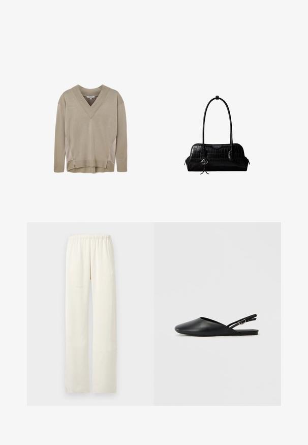 Beige langærmet V-hals sweater med ribbede manchetter og kant, med sideliner og let høj-lav kantdetalje.; Off-white, lige ben bukser med elastisk talje og uden synlige lommer eller pynt.; Sorte læderslippers med spids tå, buet design og justerbar spænde. Glat tekstur, flad sål, minimalistisk detaljering.; Sort skuldertaske i krokodillelæder med lange stropper og lille sølvlogo-charm på den ene strop.