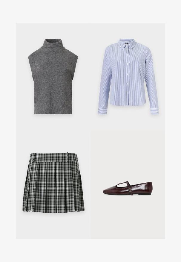 Pull en maille sans manches gris avec un col roulé, texture côtelée, silhouette ajustée et col large et haut. Design simple et polyvalent, sans motifs.; Chemise à manches longues boutonnée, avec des rayures verticales blanches et bleu clair et un col pointu, présentée sur un fond uni.; Jupe plissée à carreaux noir et blanc avec une taille lisse et de multiples plis verticaux. Fabriquée en tissu léger.; Chaussure plate en cuir bordeaux foncé avec un bout pointu et une fine bride en T avec une boucle argentée sur fond blanc.