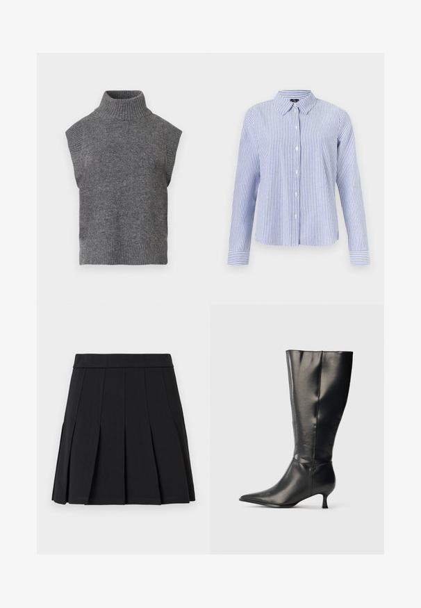 Grå ærmeløs strikket turtleneck sweater med ribbet tekstur, tætsiddende silhuet og bred, høj krave. Enkel, alsidig design uden mønstre.; Langærmet skjorte med knapper med hvide og lyseblå lodrette striber og en spids krave vist på en ensfarvet baggrund.; Sort plisseret nederdel lavet af et glat materiale. Har en bred linning og flere knivfolder, der går lodret.; Sort knæhøj læderstøvle med spids tå og lav kittenhæl, vist på en enkel lys baggrund.