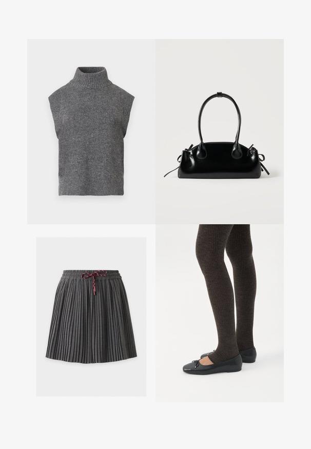 Grå ærmeløs strikket turtleneck sweater med ribbet tekstur, tætsiddende silhuet og bred, høj krave. Enkel, alsidig design uden mønstre.; Mørkegrå plisseret nederdel med elastik i taljen og en bundet vinrød snor foran i midten.; Ben iført mørke ribbede leggings kombineret med sorte balletsko med små sløjfedetaljer på hvid baggrund.; Lille sort blank håndtaske med to lange håndtag og snøre-detaljer i siden på en ensfarvet lys baggrund.