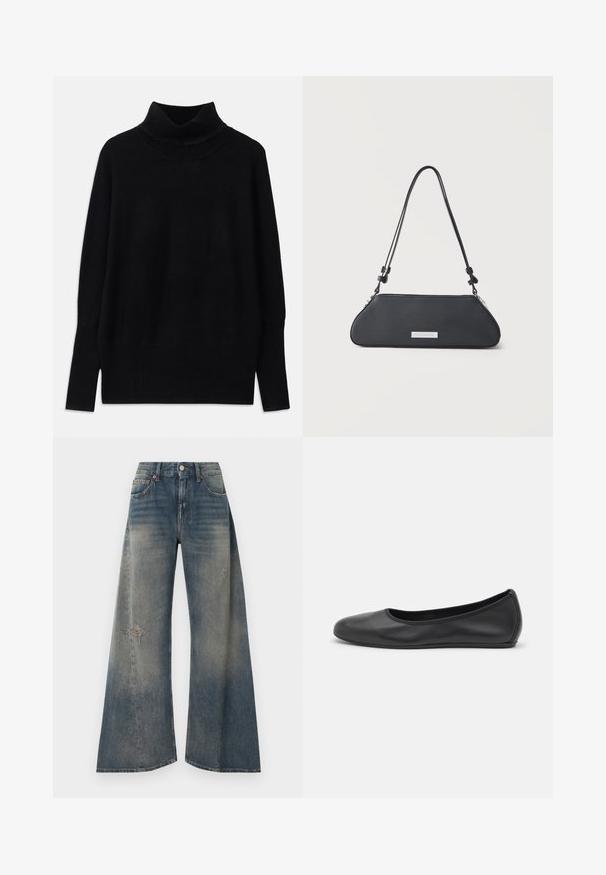 Sort turtleneck sweater lavet af blødt stof, med ribbede detaljer ved kraven og manchetterne, i en afslappet pasform og med sideslids.; Videde denimjeans i falmet blå med slidte områder. Har fem lommer, lukning med knap foran og ensartet syning over det hele.; Sort læderballetsko med rund tå, glat tekstur, minimal syning og et fleksibelt såldesign.; Sort læder skuldertaske med forlænget trapezform, justerbar rem og sølvfarvet rektangulært brandemærke foran.