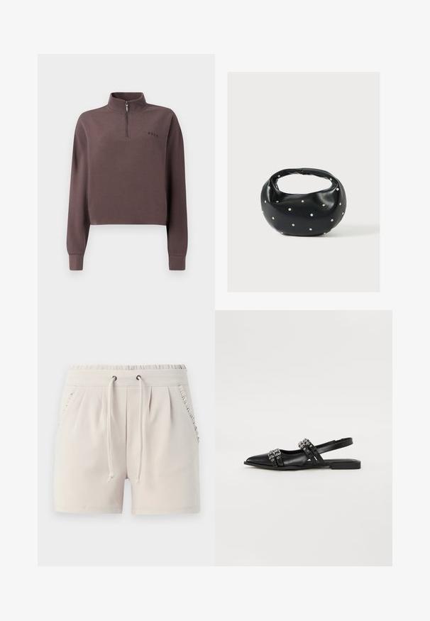 Beskaaret, langærmet pullover i mørk mauve ribbet stof med en kvart lynlås og et lille brandlogo på brystet. Blød tekstur.; Lyse beige shorts med elastisk talje, snor, sidelommer og flæsedetaljer langs lommekanterne. Blødt stoff.; Even&Odd by Zalando Slingback-ballerinasko - black; Sort læderhåndtaske med en rundet form, dekoreret med sølvnitter, og et kort håndtag. Glat tekstur og lynlåslukning.
