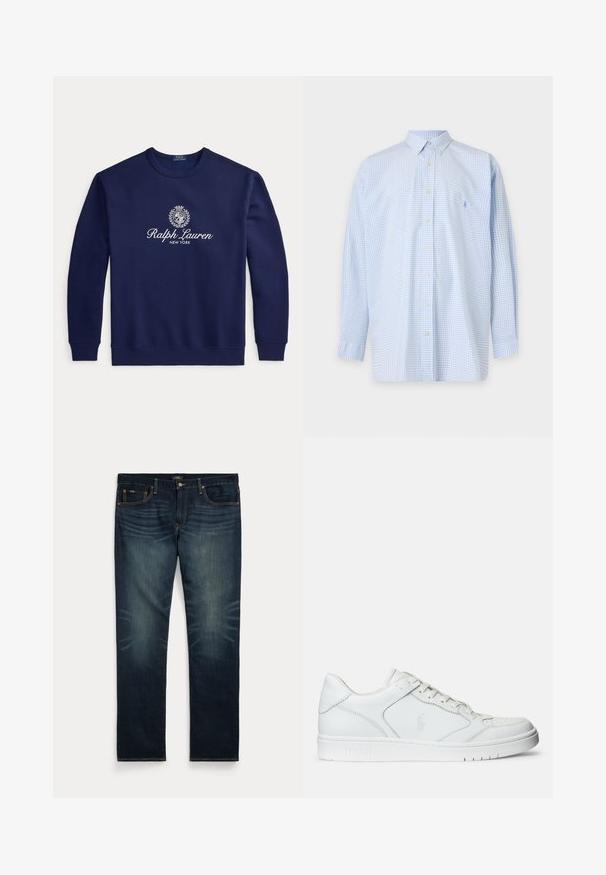 Σκούρο μπλε φούτερ με λευκό κείμενο "Ralph Lauren New York" και λογότυπο με οικόσημο στο κέντρο του στήθους, μακριά μανίκια, ριμπ μανσέτες και τελείωμα.; Ανοιχτό μπλε πουκάμισο με μακριά μανίκια, μικρό καρό σχέδιο και μυτερό γιακά σε απλό φόντο.; Σκούρο μπλε τζιν από τζιν ύφασμα με διακριτική ξεθώριαση στους μπροστινούς μηρούς και πορτοκαλί ραφές, με κουμπί και φερμουάρ, και πέντε τσέπες.; Λευκά δερμάτινα αθλητικά παπούτσια με ομαλή επιφάνεια, με τρυπητό κάλυμμα στη μύτη, κλείσιμο με σπάγκο και κεντητό λογότυπο στο πλάι. Λευκή καουτσούκ σόλα.