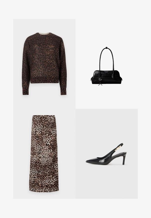 Langærmet crewneck sweater med brunt og sort leopardprint, præsenteret på en ensfarvet hvid baggrund.; Leopardprint midi-nederdel med glat stof, naturlige nuancer af beige og brune, med lige snit og uden synlige detaljer eller udsmykninger.; Sort læder slingback højhælede sko med spidse tæer, glat overflade og en smal ankelrem med guldfarvede hardware detaljer.; Sort skuldertaske i krokodillelæder med lange stropper og lille sølvlogo-charm på den ene strop.