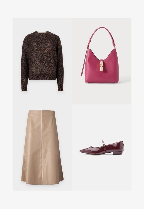 Pitkähihaisen pyöreäkauluksisen villapaidan ruskean ja mustan leopardikuosiset, esiteltyinä yksinkertaisella valkoisella taustalla.; Beige faux leather A-linjainen hame, jossa on hienovarainen paneelityöntö ja sileä mattapinta, polvimittainen ja korkea vyötärö.; Kiiltävä burgundin värinen patentoitu nahkainen Mary Jane -kenkä, jossa on terävä kärki, litteä kanta ja nauha, jossa on pieni solkiyksityiskohta.; Pieni vaaleanpunainen nahkainen käsilaukku, jossa on yksittäinen yläkahva ja kullanvärinen lukko yksivärisellä taustalla.