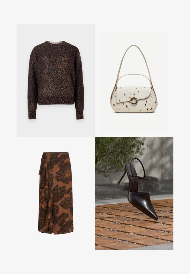 Suéter de cuello redondo de manga larga con un patrón de leopardo en marrón y negro, presentado sobre un fondo blanco liso.; Falda marrón con un diseño en capas y patrones florales en marrón oscuro. Tejido suave, de longitud hasta la rodilla, con un detalle de volantes en el costado.; Zueco negro brillante de tacón alto con puntera puntiaguda y correa en el tobillo, suspendido sobre una superficie de baldosas de terracota con espacios de grava.; Bolso color crema con motas marrones, solapa curva con cierre metálico circular, con dos correas delgadas, una más larga para llevar al hombro.