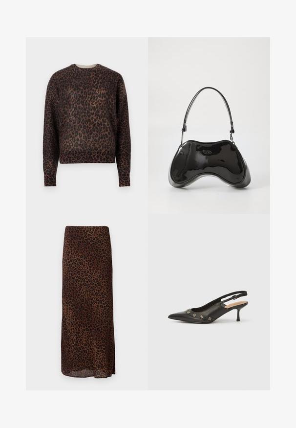 Langærmet crewneck sweater med brunt og sort leopardprint, præsenteret på en ensfarvet hvid baggrund.; Midi-nederdel med brunt og sort leopardprint, med lige silhuet, præsenteret på en ensfarvet hvid baggrund.; Sort slingback-pumpe i læder med spids tå, lille hæl og dekorative metalakcenter langs frontåbningen. Glat tekstur.; Sort patentlæder håndtaske med en unik buet form, kort justerbar hank og en lynlåslukning i toppen. Glat tekstur med diskret branding.