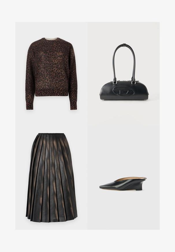 Langærmet crewneck sweater med brunt og sort leopardprint, præsenteret på en ensfarvet hvid baggrund.; Sort plisseret midi-nederdel med en let skinnende, tekstureret finish og et lille logo nær linningen.; Sort laklæder kilehæl sko med spids tå og åben hæl, der har et elegant, buet design og minimalistisk stil.; Sort læderhåndtaske med lange dobbelte håndtag og præget ovalt logo foran, vist mod en ensartet lys baggrund.