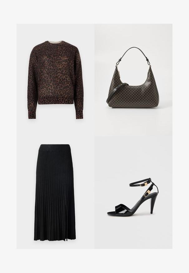 Pull à col rond à manches longues avec un motif léopard marron et noir, présenté sur un fond blanc uni.; Jupe midi plissée noire avec ceinture côtelée, présentant un tissu texturé, une fente latérale et des lignes verticales sur l'ensemble du design.; Sandale à talon haut en cuir verni noir avec double bride de cheville et boucles dorées, bout ouvert, et talon effilé sur fond neutre.; Sac à épaule en cuir noir avec un motif géométrique beige répétitif, fermeture éclair dorée et deux anses réglables sur fond blanc.