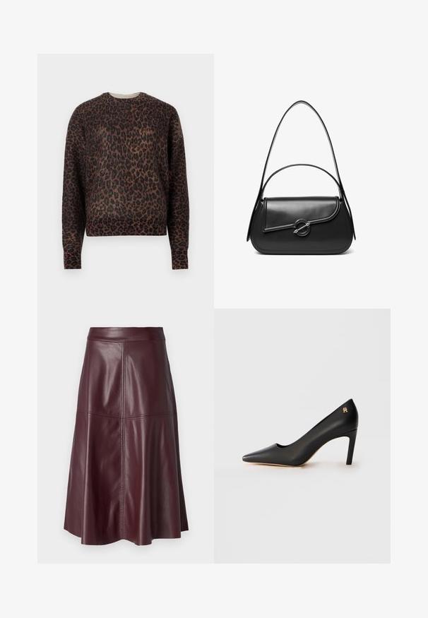 Langærmet crewneck sweater med brunt og sort leopardprint, præsenteret på en ensfarvet hvid baggrund.; Mørk burgunder knælængde lædernederdel i A-form med synlige lodrette og vandrette syninger.; Sort læder højhælet sko med spids tå, mellemhøj stiletthæl og lille gul emblem nær hælen på hvid baggrund.; Sort skuldertaske i læder med en buet klap, der er fastgjort med en rund metal spænde, og en slank, justerbar rem.