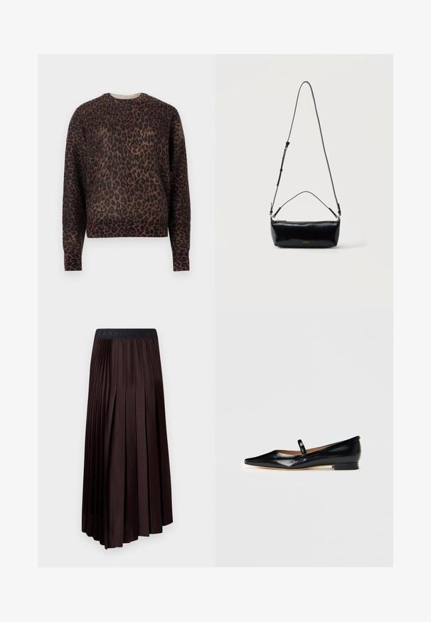 Langærmet crewneck sweater med brunt og sort leopardprint, præsenteret på en ensfarvet hvid baggrund.; Mørkebrune, plisserede midi-skjorter med en glat tekstur, der har en elastisk talje og et logo-detalje øverst.; Sorte patenterede læder Mary Jane flade sko med spids tå, én rem og lav hæl på ensfarvet baggrund.; Sort rektangulær læder crossbody-taske med justerbar skulderrem, top lynlås og lille gyldent Calvin Klein-logo foran.
