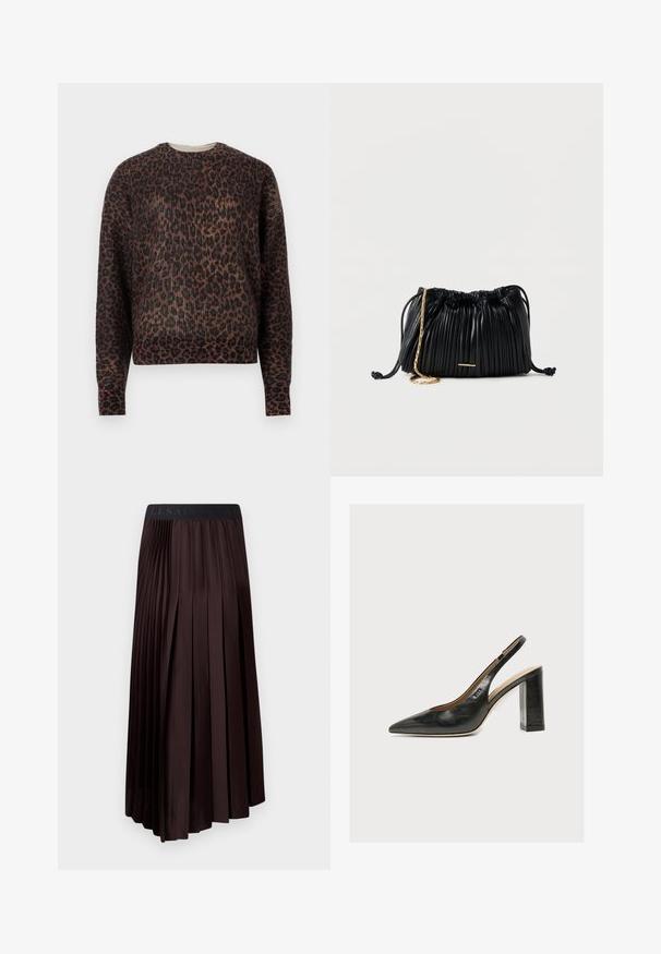 Langærmet crewneck sweater med brunt og sort leopardprint, præsenteret på en ensfarvet hvid baggrund.; Mørkebrune, plisserede midi-skjorter med en glat tekstur, der har en elastisk talje og et logo-detalje øverst.; Sort læder kvindesko med slingback, spids tå og tyk blokhøj hæl på hvid baggrund.; Sort læderhåndtaske med plisseringer, snorelukning, guldkæde som rem og lille horisontalt guldakcent foran.