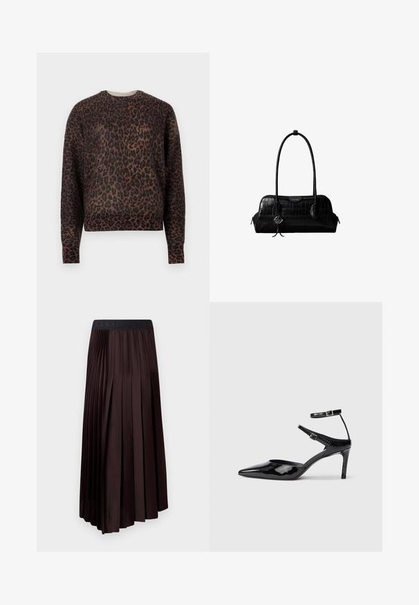Pull à col rond à manches longues avec un motif léopard marron et noir, présenté sur un fond blanc uni.; Jupe midi plissée marron foncé avec une texture lisse, dotée d'une taille élastique et d'un détail de logo en haut.; Talons en cuir verni noir avec un bout pointu, des sangles de cheville ajustables et un talon fin. Texture lisse avec une finition brillante.; Sac à épaule en cuir noir à texture crocodile, avec de longues sangles et un petit charm logo argenté sur une sangle.