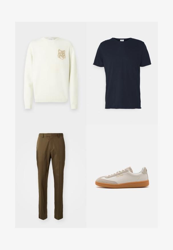 Crème kleur crewneck trui met lange mouwen en een kleine beige voskop-graphic op de linkerkant van de borst, met ribgebreide manchetten en zoom.; Navyblauwe katoenen t-shirt met ronde hals en korte mouwen, met een gladde textuur en eenvoudig ontwerp, zonder zichtbare patronen of accenten.; Bruine op maat gemaakte broeken in een rechte snit, gemaakt van gladde stof met zijzakken en een plooi aan de voorkant.; Witte en beige lage sneakers met een gumrubberen zool, witte veters, suède details en een gouden "Paul Smith" logo aan de zijkant.