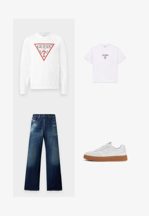 Hvid bomulds sweatshirts med et stort rødt trekantet logo med teksten "GUESS U.S.A." og "WASHED JEANS", samt et centralt spørgsmålstegn ikon.; Hvid bomulds-T-shirt med korte ærmer, med en sort "GUESS"-logo og røde accenter i et trekantet design på forsiden.; Bredde denim jeans i mørkeblå med slidte områder, distressed detaljer og flossede kanter. Fire lommer og knaplukning.; Hvid lædersneaker med en sål i brungummi. Detaljerne omfatter syninger og seks par smalle snørehuller.
