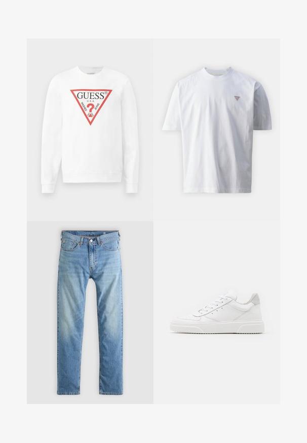 Hvid bomulds sweatshirts med et stort rødt trekantet logo med teksten "GUESS U.S.A." og "WASHED JEANS", samt et centralt spørgsmålstegn ikon.; Hvid bomulds-t-shirt med rund halsudskæring, korte ærmer og et lille rødt trekantet logo på venstre brystområde. Glat tekstur.; Lyseblå denimjeans med lige ben, orange syninger, fem lommer og knaplukning.; Hvide lædersneakers med en glat finish, rund tå, flade snørebånd og en struktureret sål. Grå ruskindsdetalje ved hælen.
