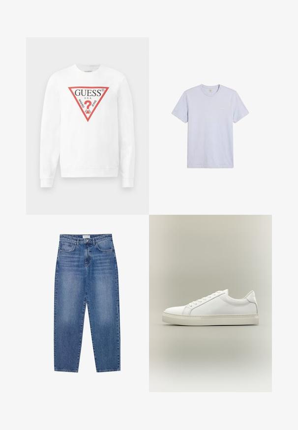 Valge puuvillane sviiter, millel on suur punane kolmnurkne logo, millel on tekst "GUESS U.S.A." ja "WASHED JEANS", ning keskel küsimärgi ikoon.; Lihtne helehall lühikeste varrukatega ümar kaelusega T-särk väikese valge Calvin Kleini logoga vasakul rinnal.; Sinine denimpüksid kõrge vöökoht, sirge jala disain ja kulunud viimistlus. Omab viit taskut ja nööbikinnitust.; Valge madala säärega toss, ees paeladega ja paksu taldosa, külje pealt neutraalsel taustal.