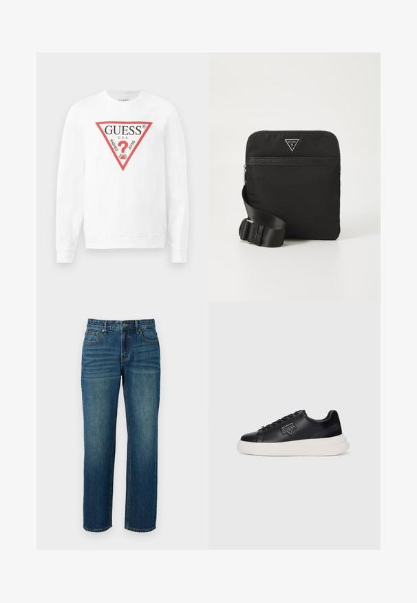 Hvid bomulds sweatshirts med et stort rødt trekantet logo med teksten "GUESS U.S.A." og "WASHED JEANS", samt et centralt spørgsmålstegn ikon.; Mørkeblå denim jeans med lige ben, der har fem lommer, bæltestropper og let falming på lårene.; Sort lædersneaker med tekstureret overflade, der har en hvid platformssål, sorte snørebånd og et trekantet logo-patch på siden.; Sort nylon crossover taske med justerbar rem, lynlås, frontlomme og logo i sølvfarvet tone. Flad rektangulær form, glat tekstur.