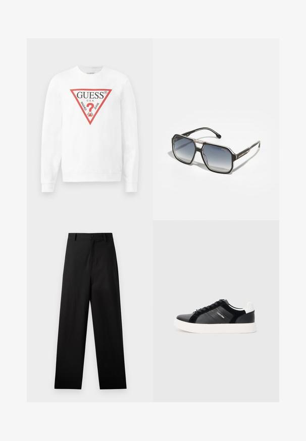 Hvid bomulds sweatshirts med et stort rødt trekantet logo med teksten "GUESS U.S.A." og "WASHED JEANS", samt et centralt spørgsmålstegn ikon.; Sorte bukser lavet af bomuld med lige ben-design, der har en frontknaplukning og sidelommer. Glat tekstur, ingen mønstre.; Sort sneaker med skinnende læder og ruskindsdele, hvid sål og sorte snørebånd. Har et logo på siden og en kontrasterende hælkant.; Sorte hexagonale solbriller med gradientlinser. Metalafgange i rød og sølv på stellet. Slank design med en glossy finish.