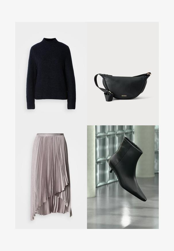 Pull en tricot bleu marine avec un col montant, des manches longues et un ourlet côtelé. Texture douce, coupe décontractée, sans motifs visibles ni détails en métal.; Jupe plissée asymétrique mauve clair avec ceinture en satin et ourlet en cascade superposé, sur fond uni.; Bottine en cuir noir à bout pointu et petit talon kitten, présentée en angle devant un sol poli et un mur en blocs de verre.; Banane en cuir noir avec fermeture éclair dorée et sangle ajustable, affichant le nom de la marque "HUGO" en lettres dorées sur le devant.